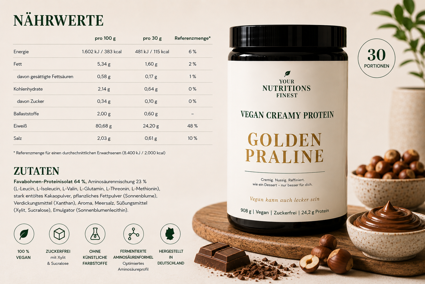 Veganes Proteinpulver – Golden Praline | 24,2 g Protein