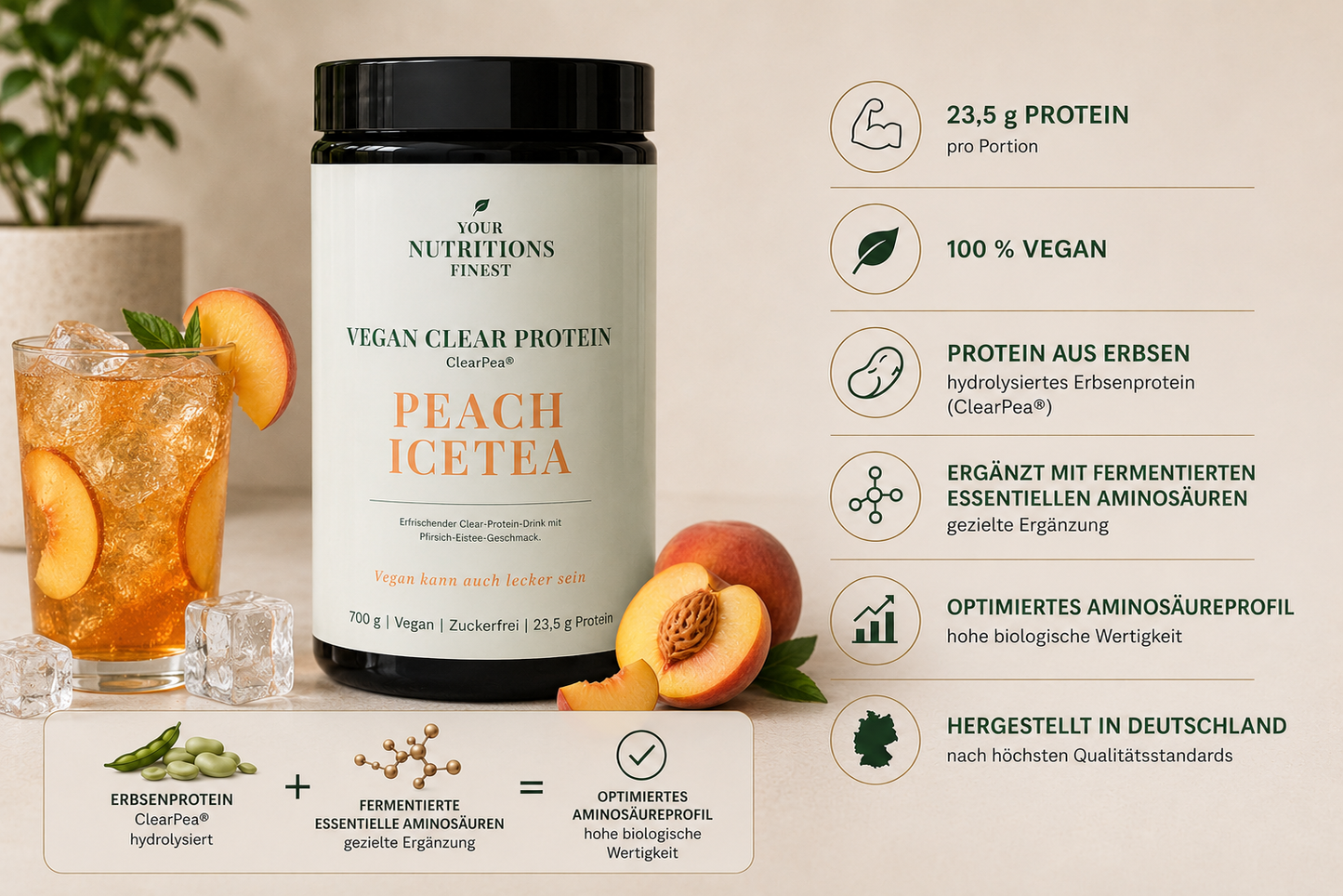 Veganes Clear Protein – Peach Icetea | 23,5 g Protein