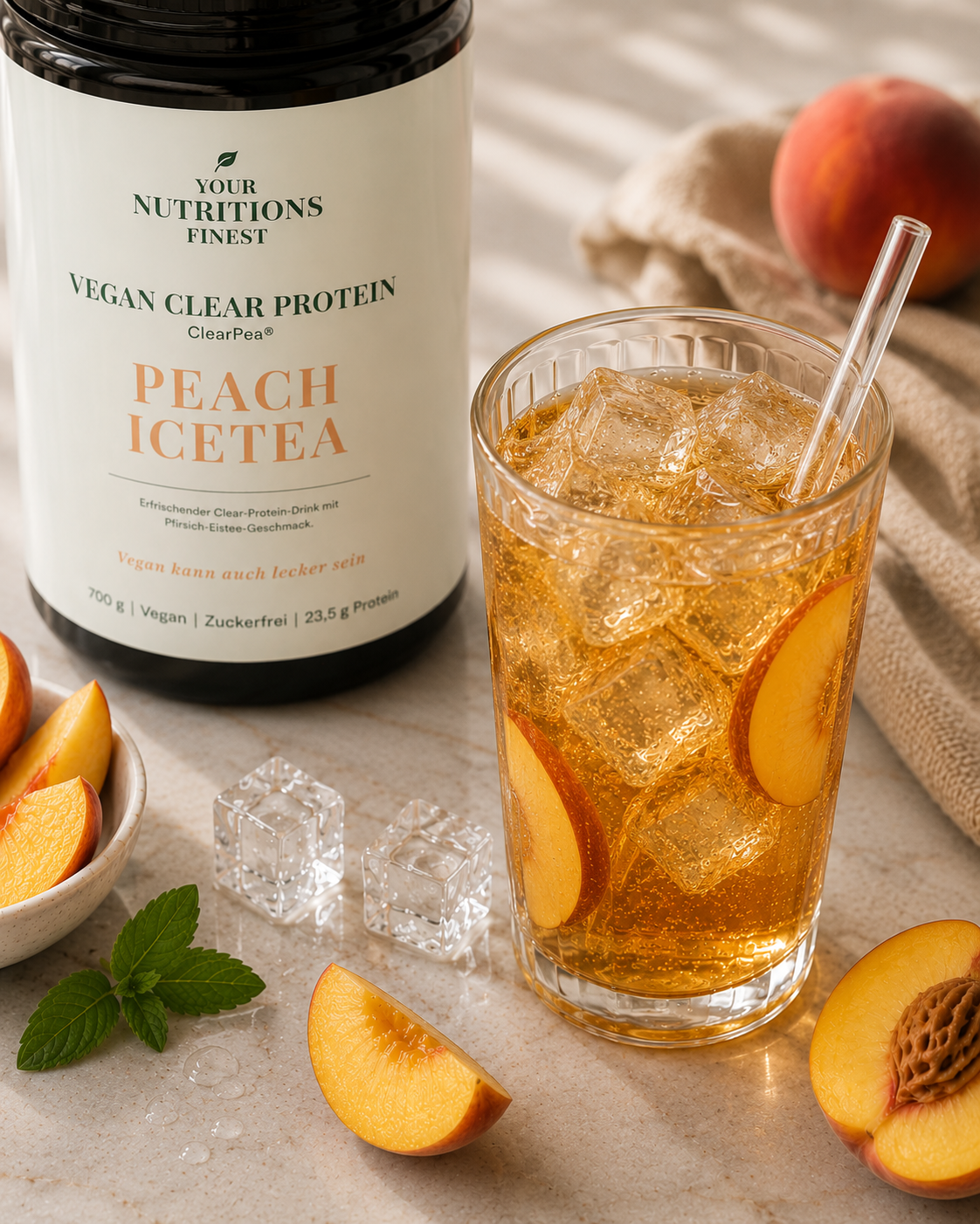 Veganes Clear Protein – Peach Icetea | 23,5 g Protein