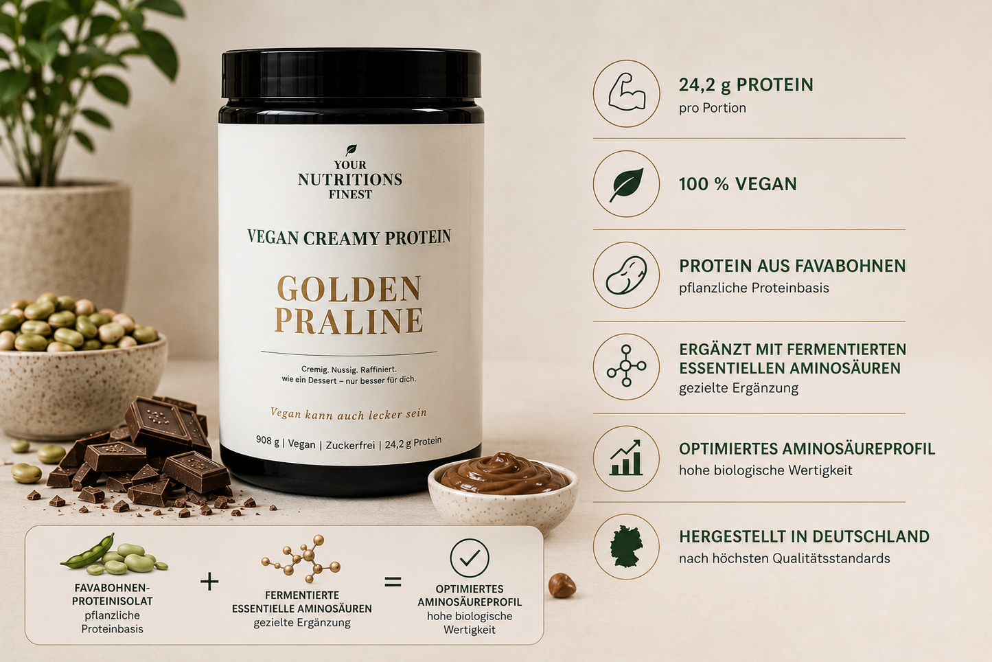 Veganes Proteinpulver – Golden Praline | 24,2 g Protein
