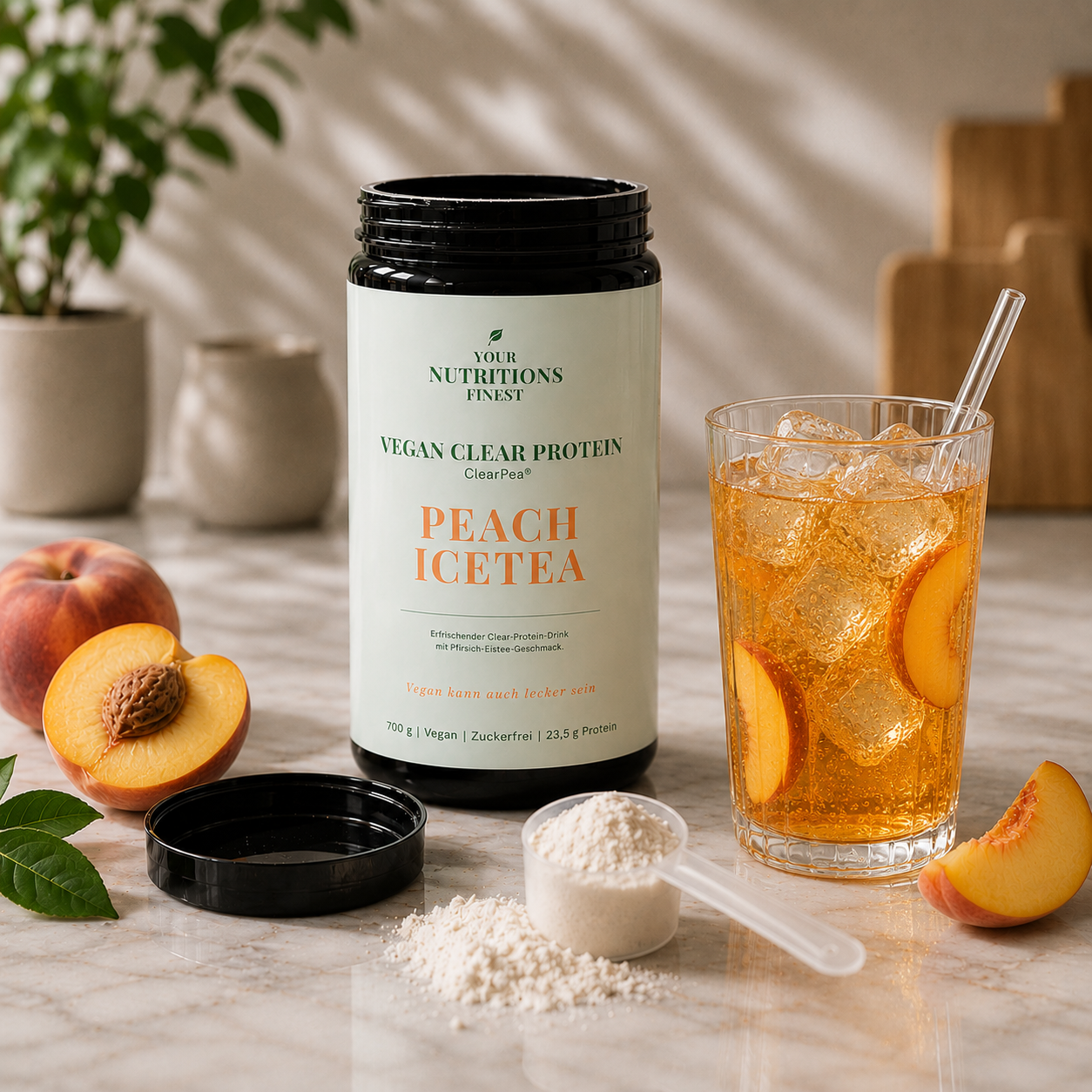 Veganes Clear Protein – Peach Icetea | 23,5 g Protein