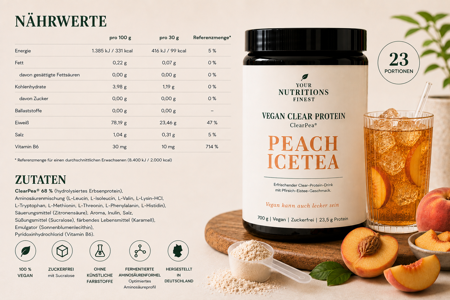 Veganes Clear Protein – Peach Icetea | 23,5 g Protein