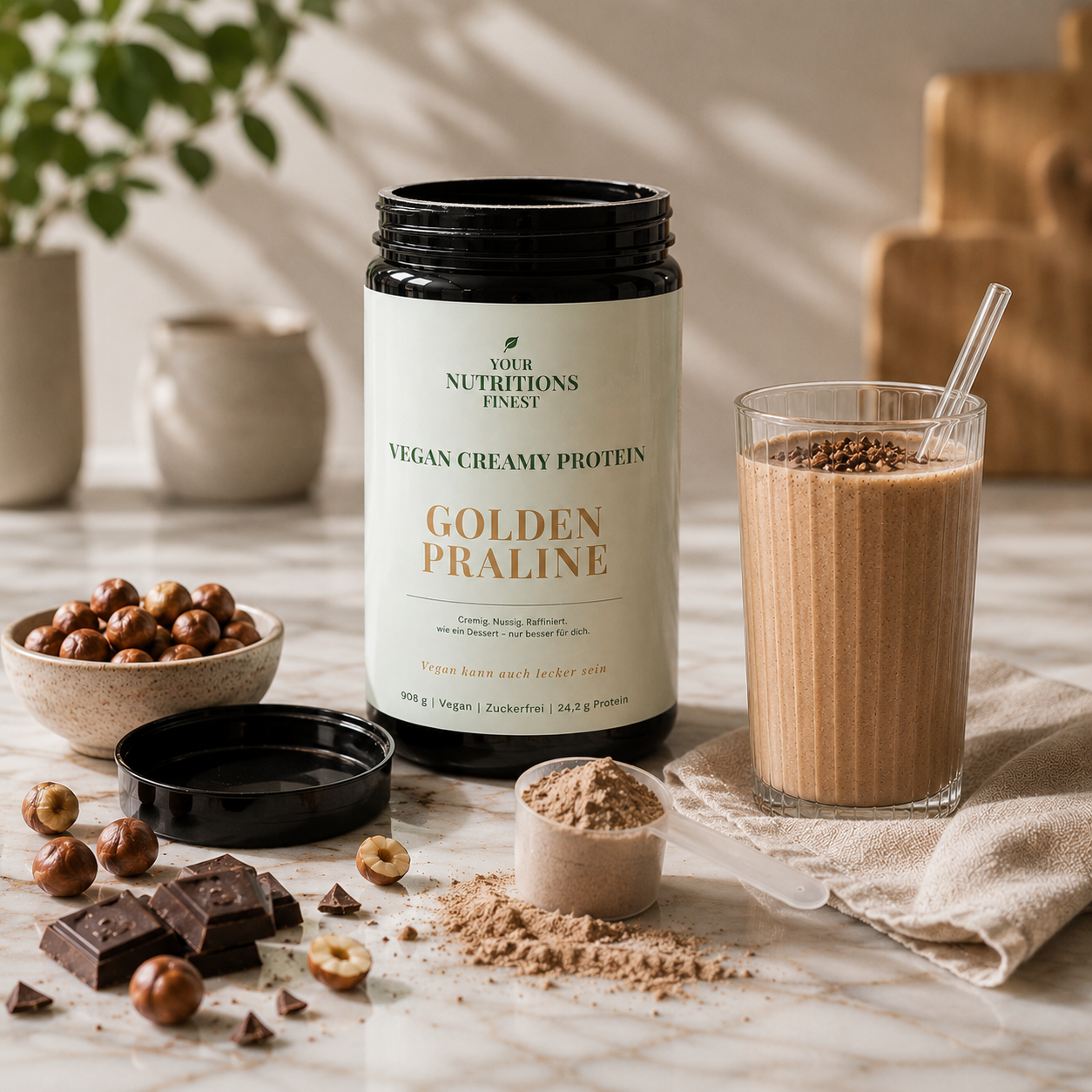 Veganes Proteinpulver – Golden Praline | 24,2 g Protein