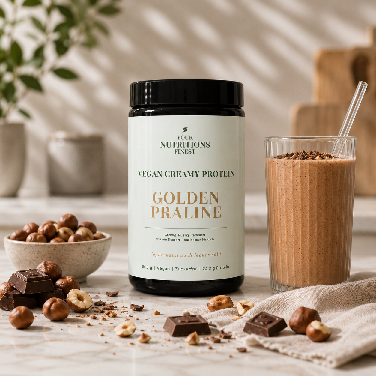 Veganes Proteinpulver – Golden Praline | 24,2 g Protein